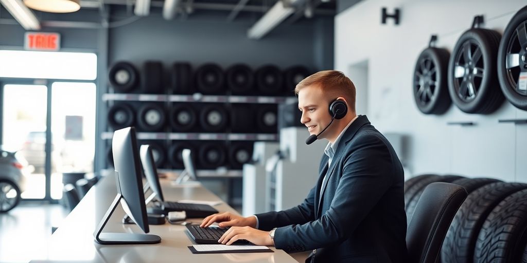 Tire shop desk with virtual receptionist handling calls.
