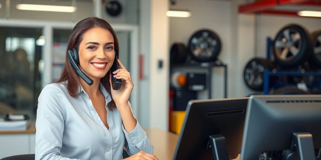 Tire shop owner smiling while talking on phone