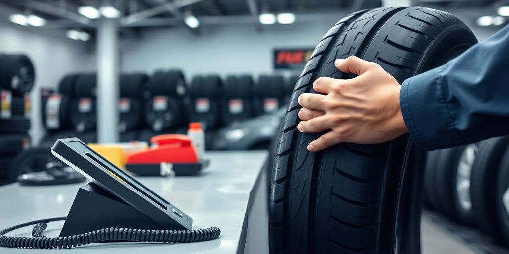 Tire shop owner smiling while talking on a phone.