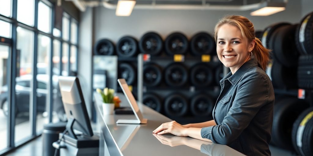 Tire shop reception desk with friendly receptionist.