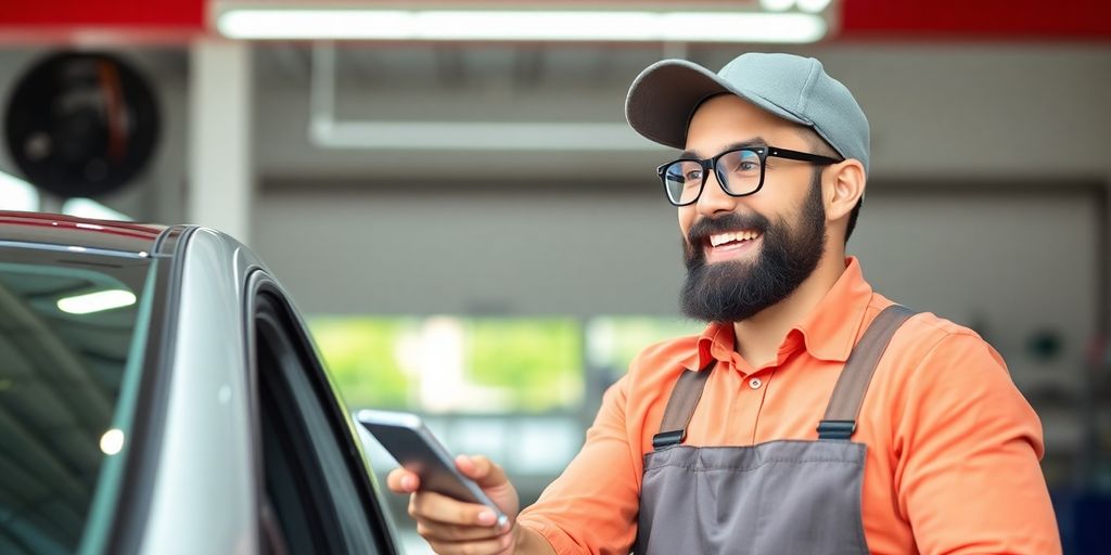 Car wash owner smiling, talking on phone.