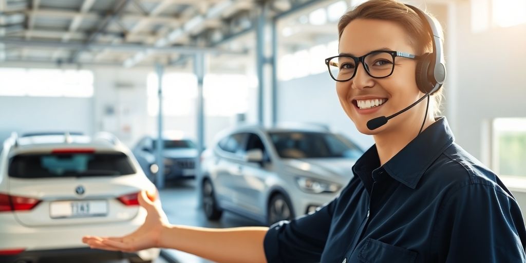 Car wash attendant answering phone headset.