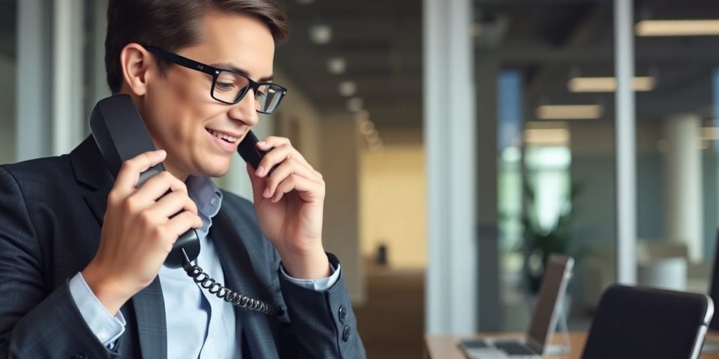 Business owner smiling, answering phone.