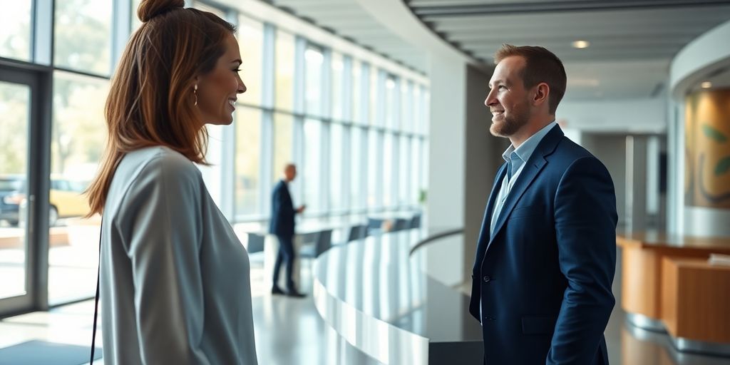AI receptionist assisting a person at a desk.