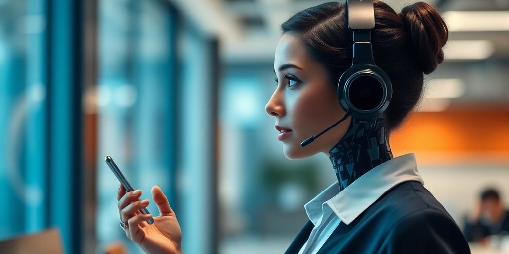 AI receptionist working with futuristic office background.