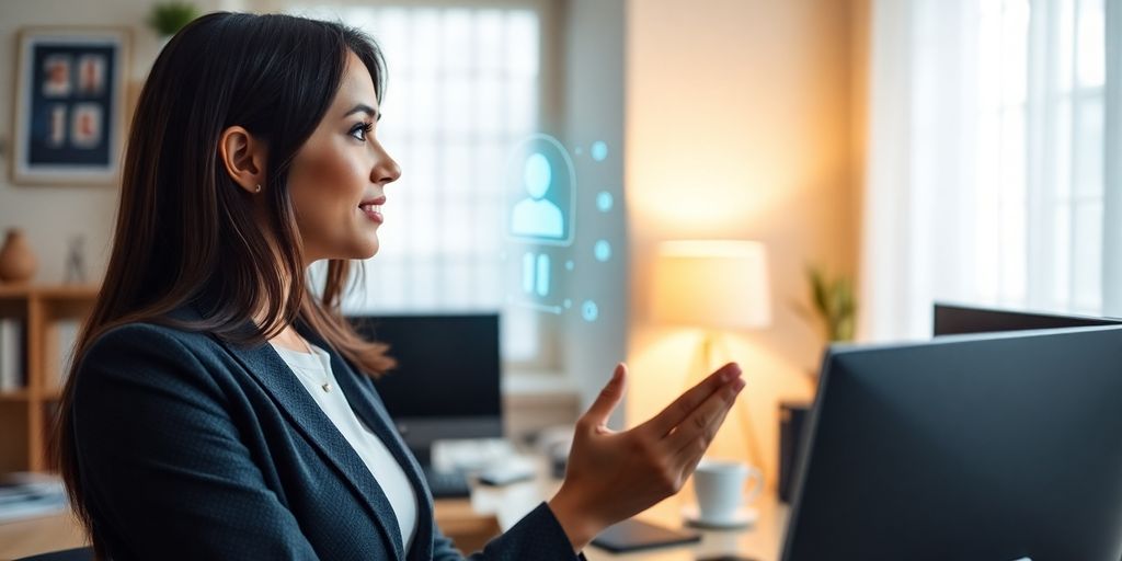 Woman using a sleek AI receptionist device.
