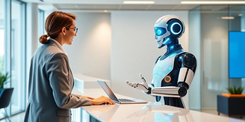 AI receptionist assisting a smiling customer at a modern desk.