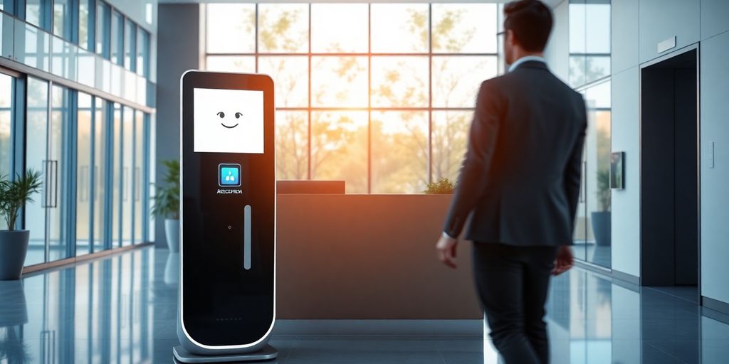 Modern AI receptionist interacting with a client.