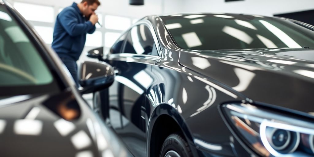 Car being detailed with a professional on the phone.