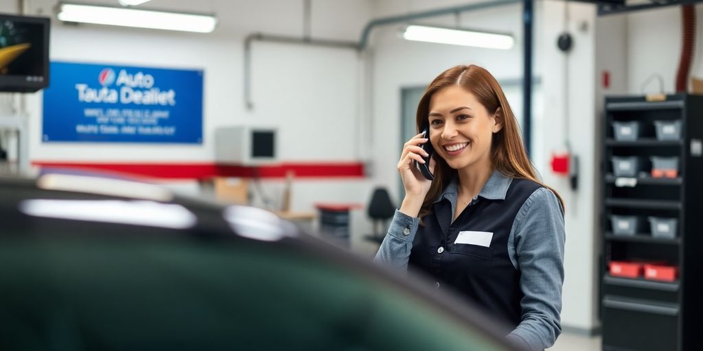 Detailing bay with a smiling person answering a phone.