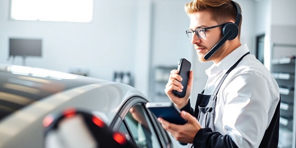 Auto detailer smiling while talking on phone