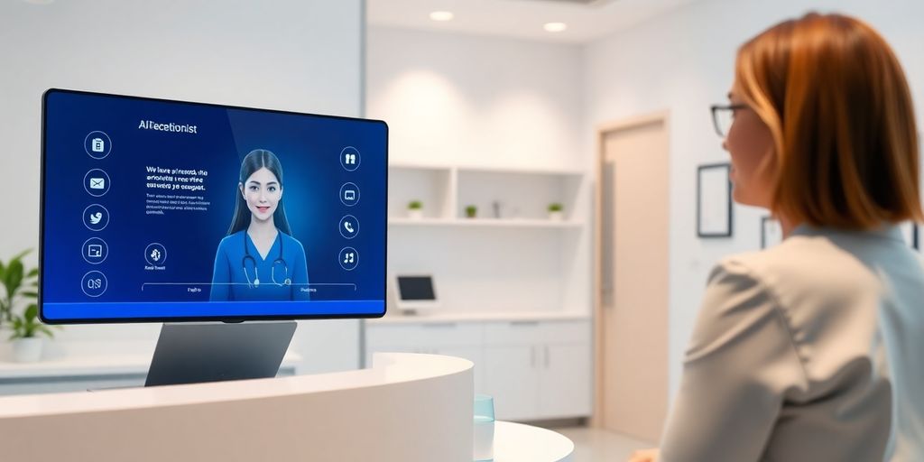 Modern medical office with a friendly AI receptionist.