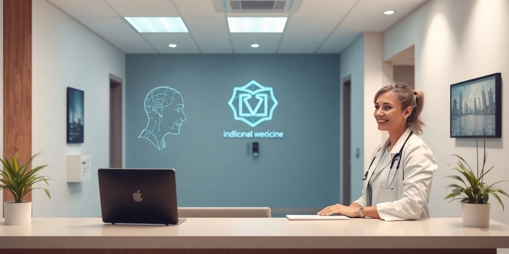 Futuristic medical office with AI receptionist.