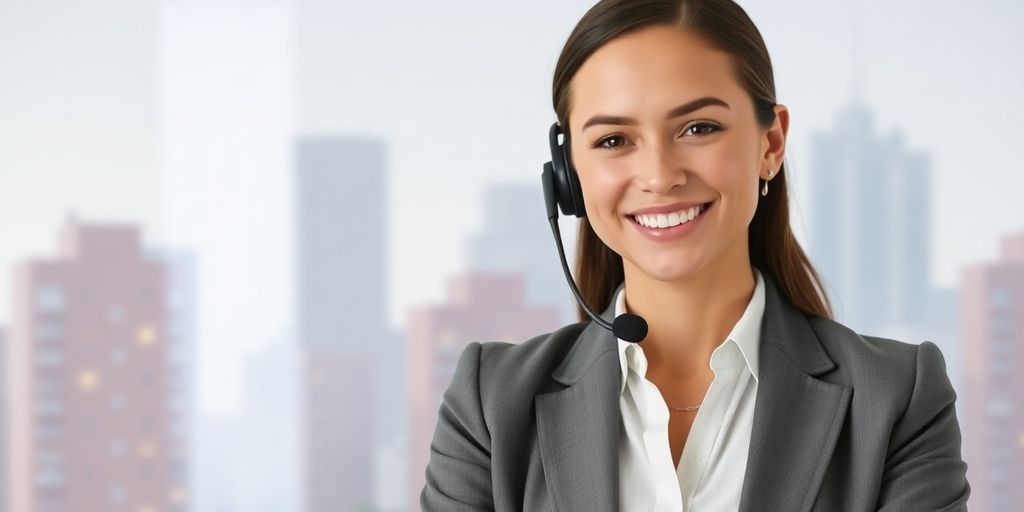 Professional woman answers phone, property buildings in background.