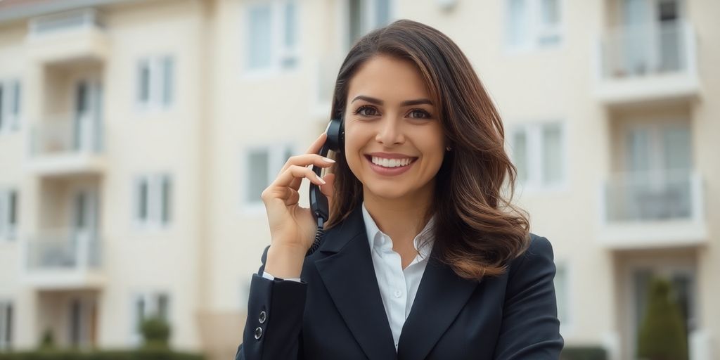 Professional woman answers phone for property management.