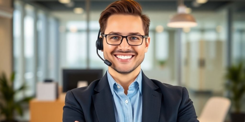 Property manager using a headset, smiling near a desk.