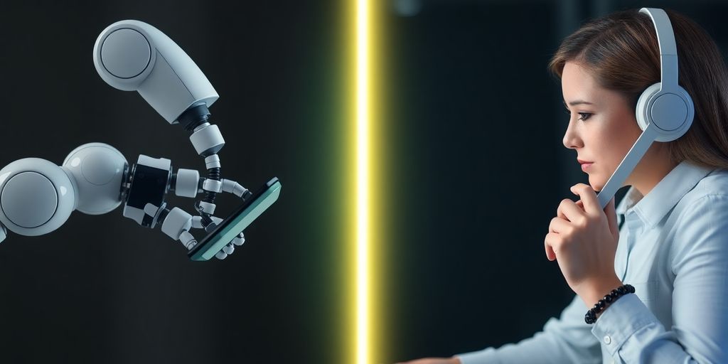 AI and human receptionists interacting side-by-side.