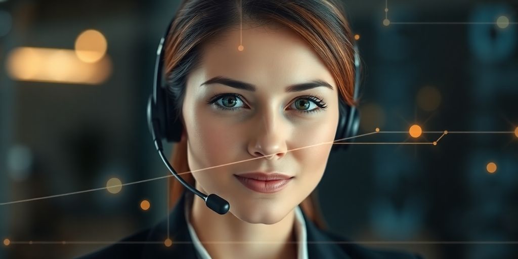 AI receptionist headset with abstract digital background.