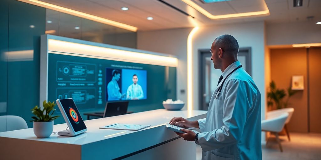 AI receptionist interacting with medical professional.