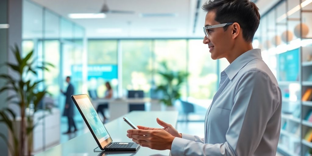AI receptionist interacting with diverse professional settings.
