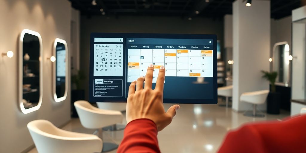 AI receptionist managing salon appointments on a screen.