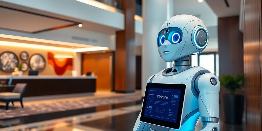 Hotel lobby with a sleek robot assistant.