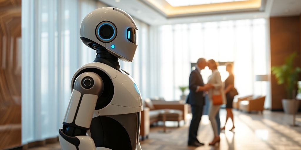 Hotel lobby with a friendly robot assistant.
