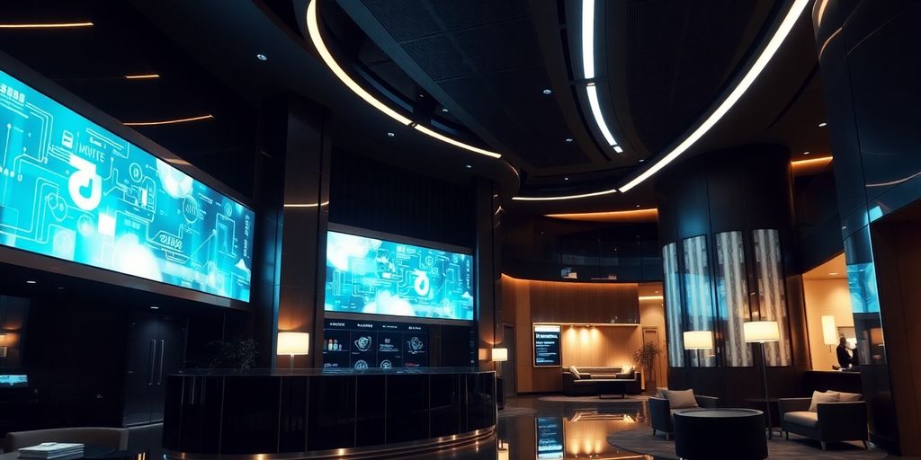 Modern hotel lobby with a digital interface.