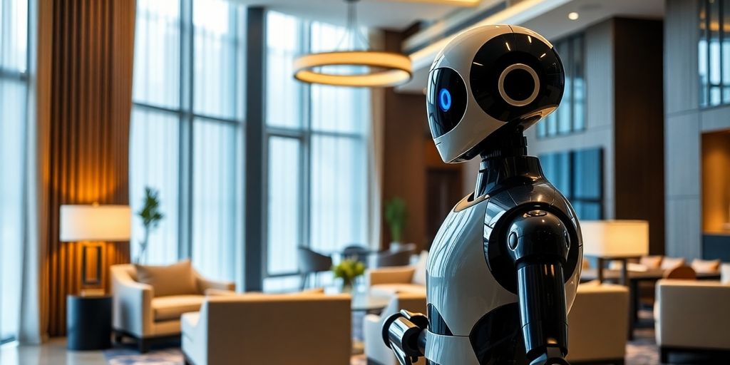 Futuristic hotel lobby with a friendly robot assistant.