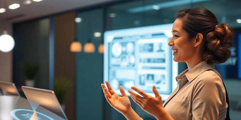 Smiling person answers phone with futuristic AI interface.