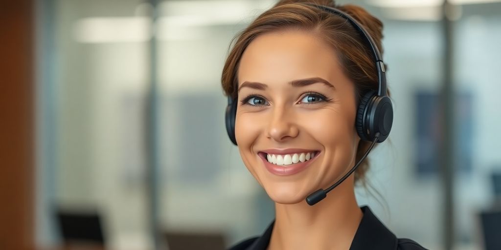 Woman smiling while talking on a headset.