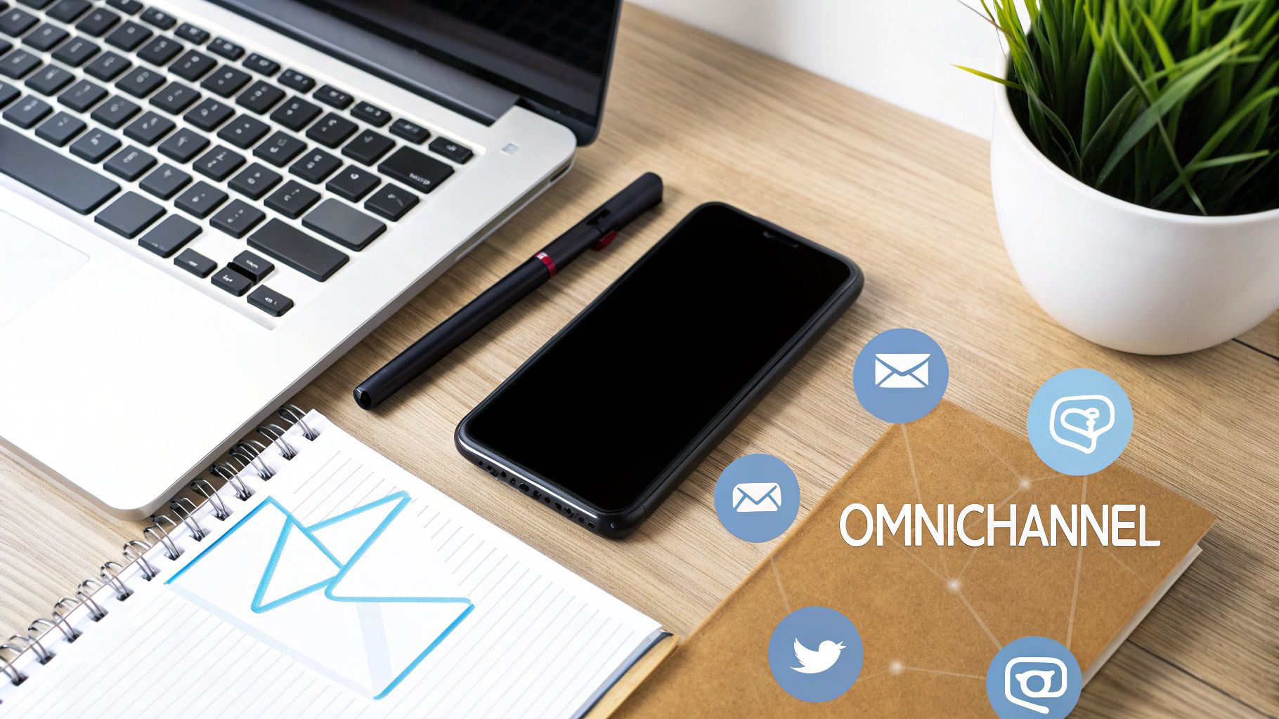 Infographic showing the interconnected channels of an omnichannel customer experience, including social media, web, email, and call center, all feeding into a central customer profile.
