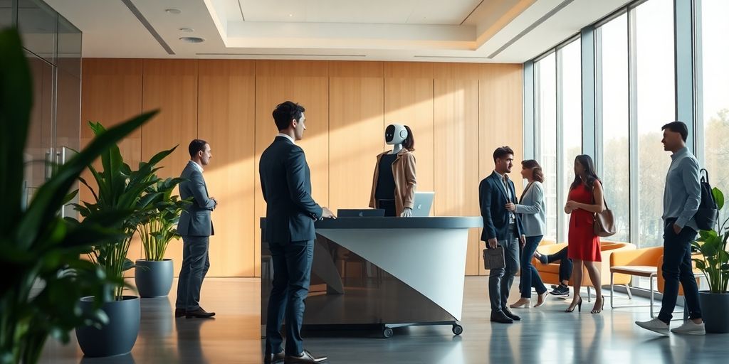 Humanoid robot receptionist greeting visitors in bright modern office lobby