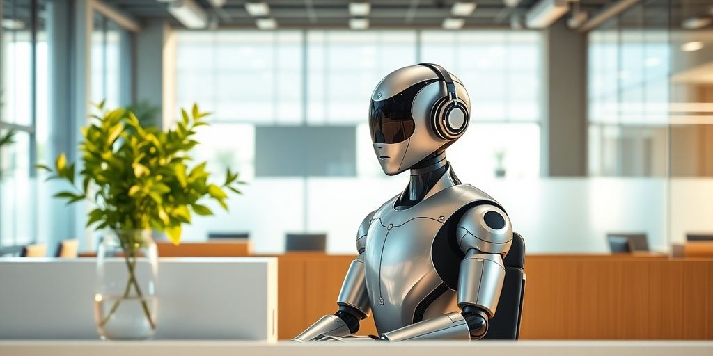 Humanoid robot receptionist at desk wearing headset in modern office