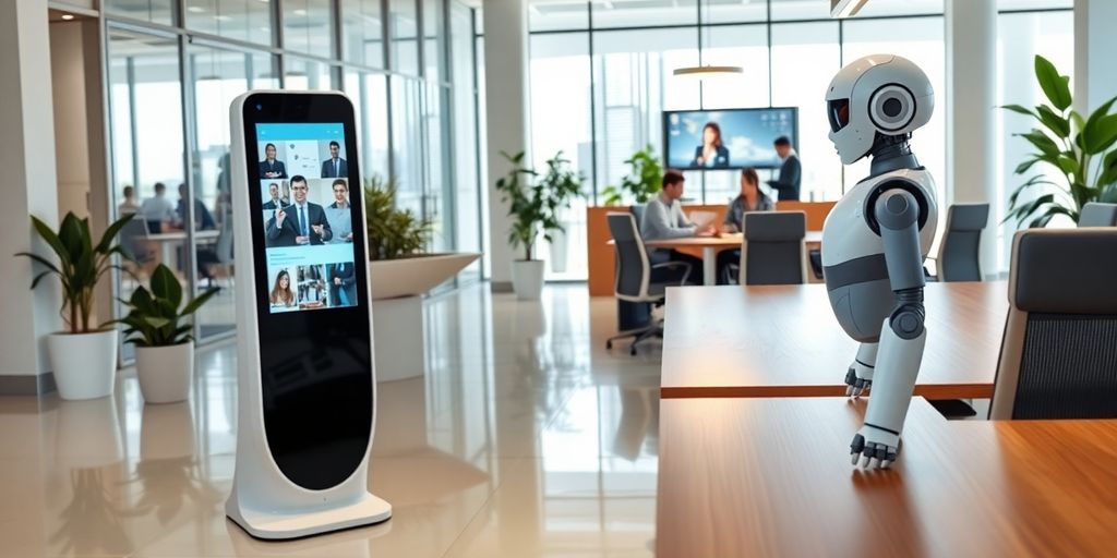 Humanoid robot receptionist offers tablet in bright modern office lobby