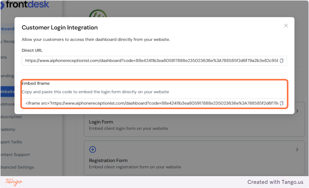 We also give you the whole IFrame code you can put into an HTML tag and it will be 100% width and 100% height of the page and cover the whole page. 