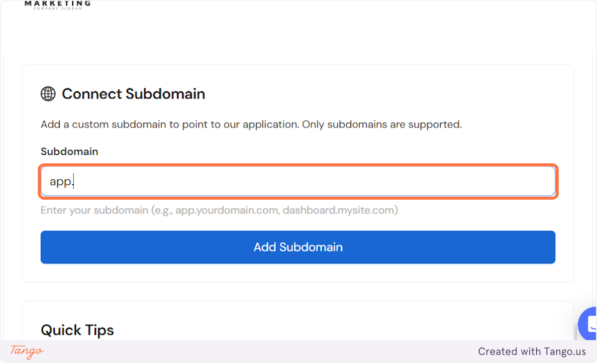 Now let's head back to your Admin dashboard, add that subdomain and find the records you need to add.