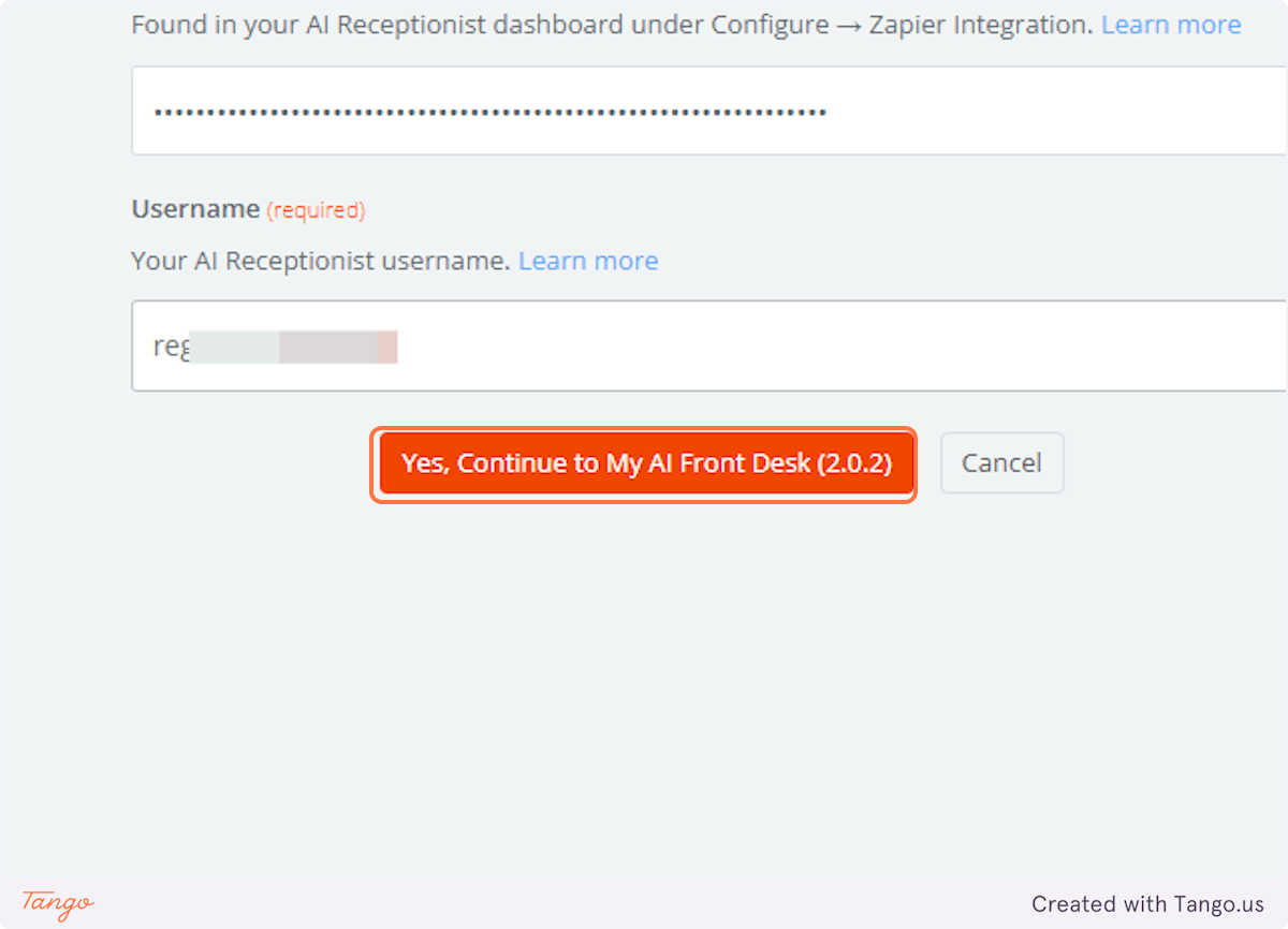 Click on Yes, Continue to My AI Front Desk (2.0.2)