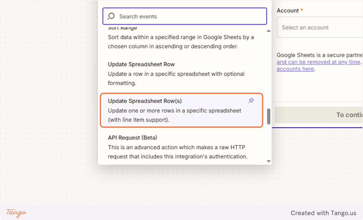 Click on Update Spreadsheet Row(s)…