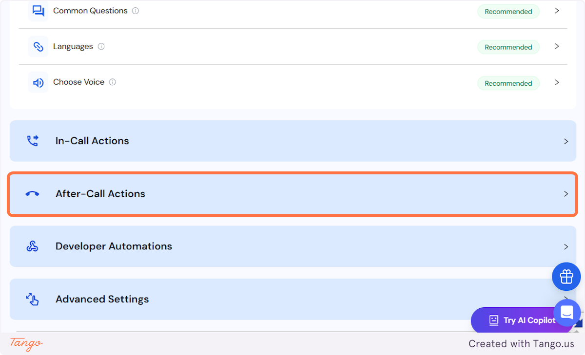 Click on After-Call Actions