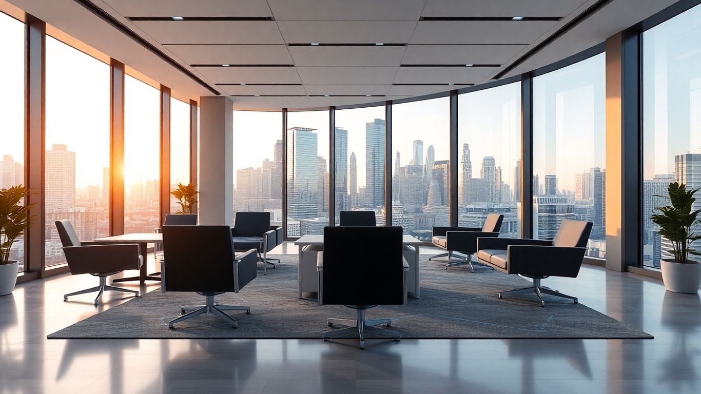 Modern office with glowing blue circuit accents.