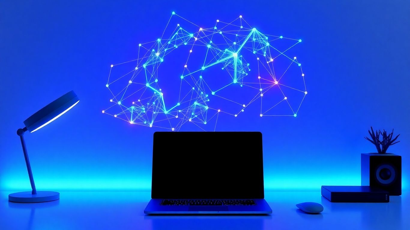 AI neural network patterns above a laptop on a desk.