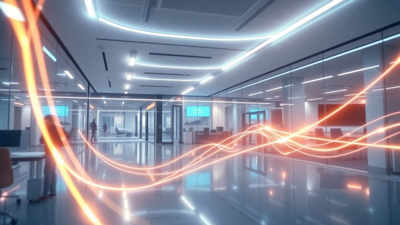 Futuristic office with glowing abstract technology lines.