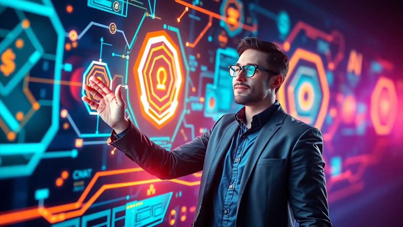Person interacting with glowing AI interfaces, suggesting success.