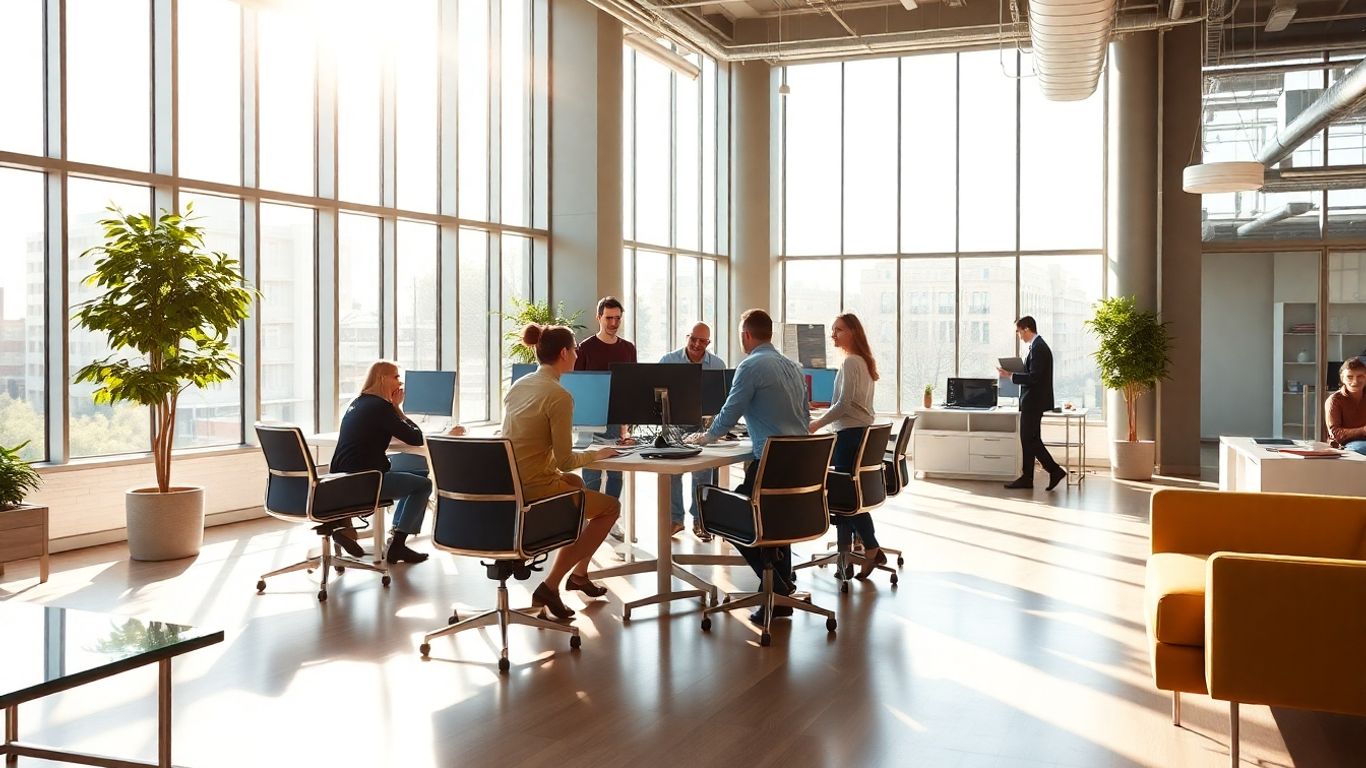 Modern office with sunlight and collaborating team.