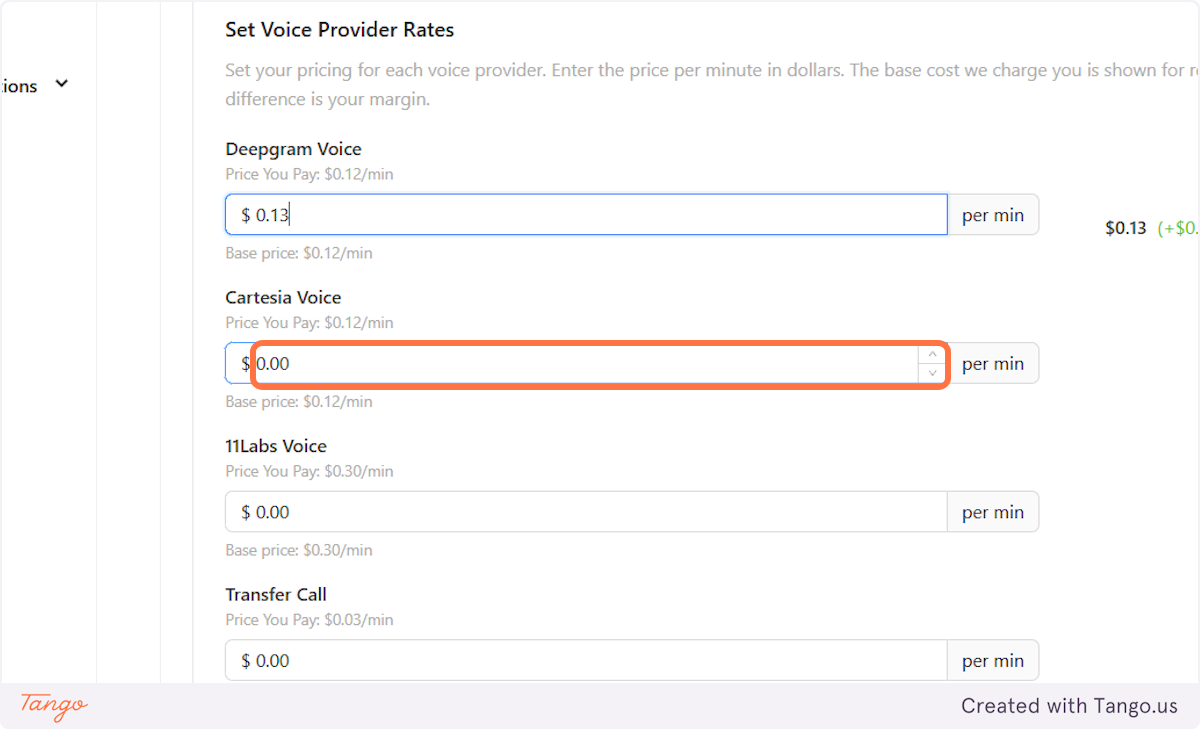 Determine the pricing for clients who choose to use Cartesia voices.