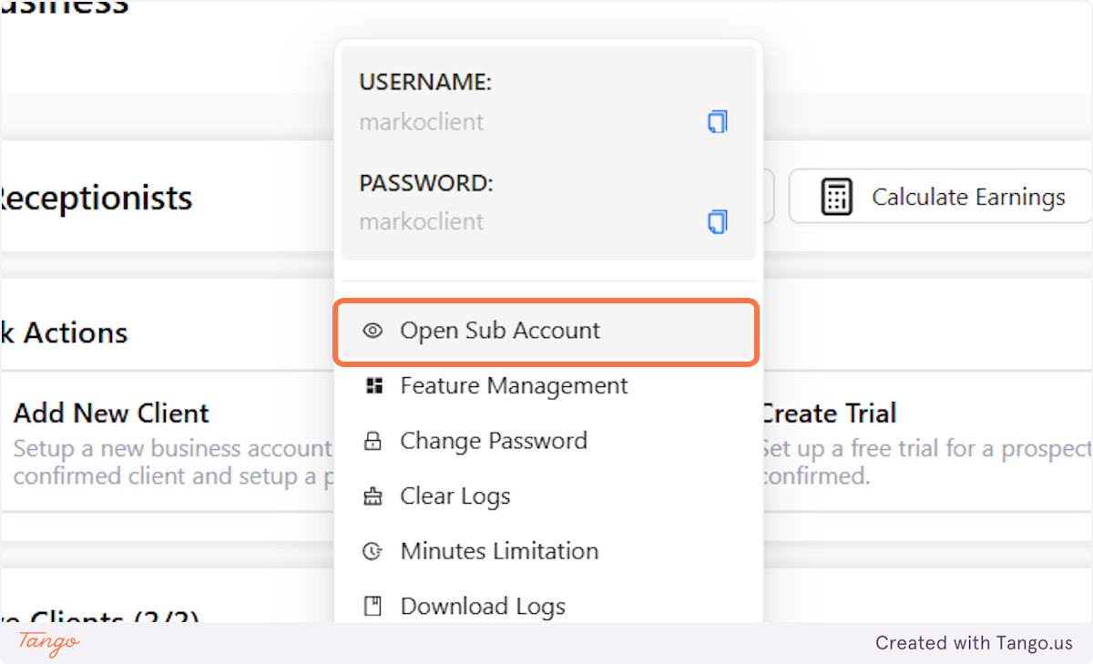 Click on Open Sub Account