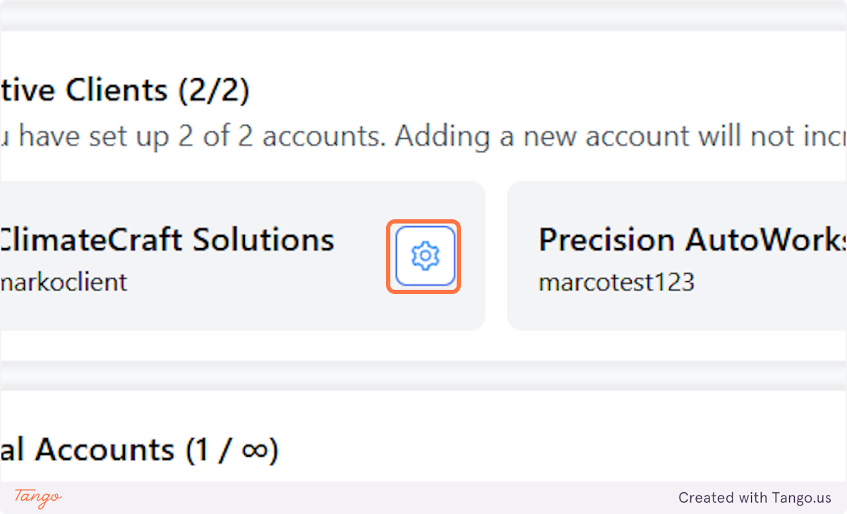 Click on the gear button to access your clients dashboard.