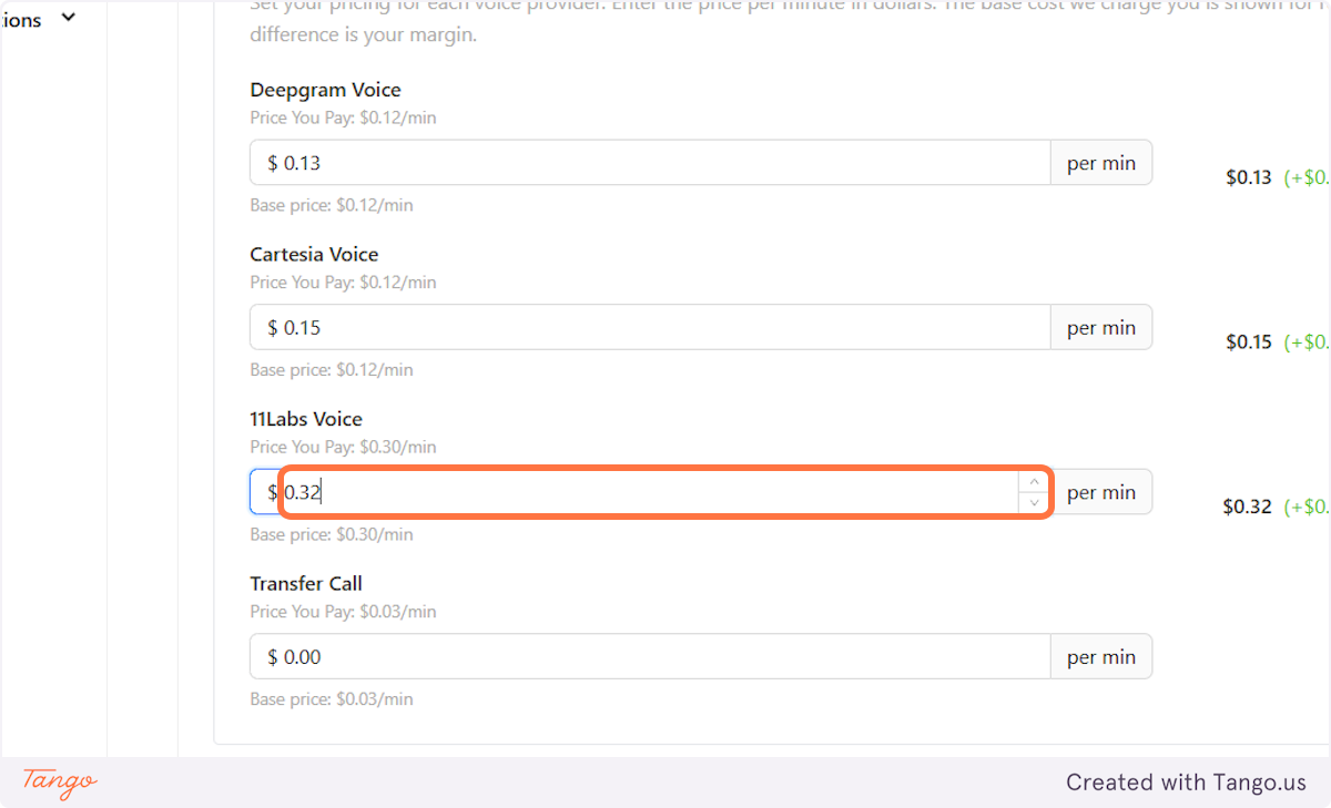 Determine the pricing for clients who choose to use 11Labs voices.