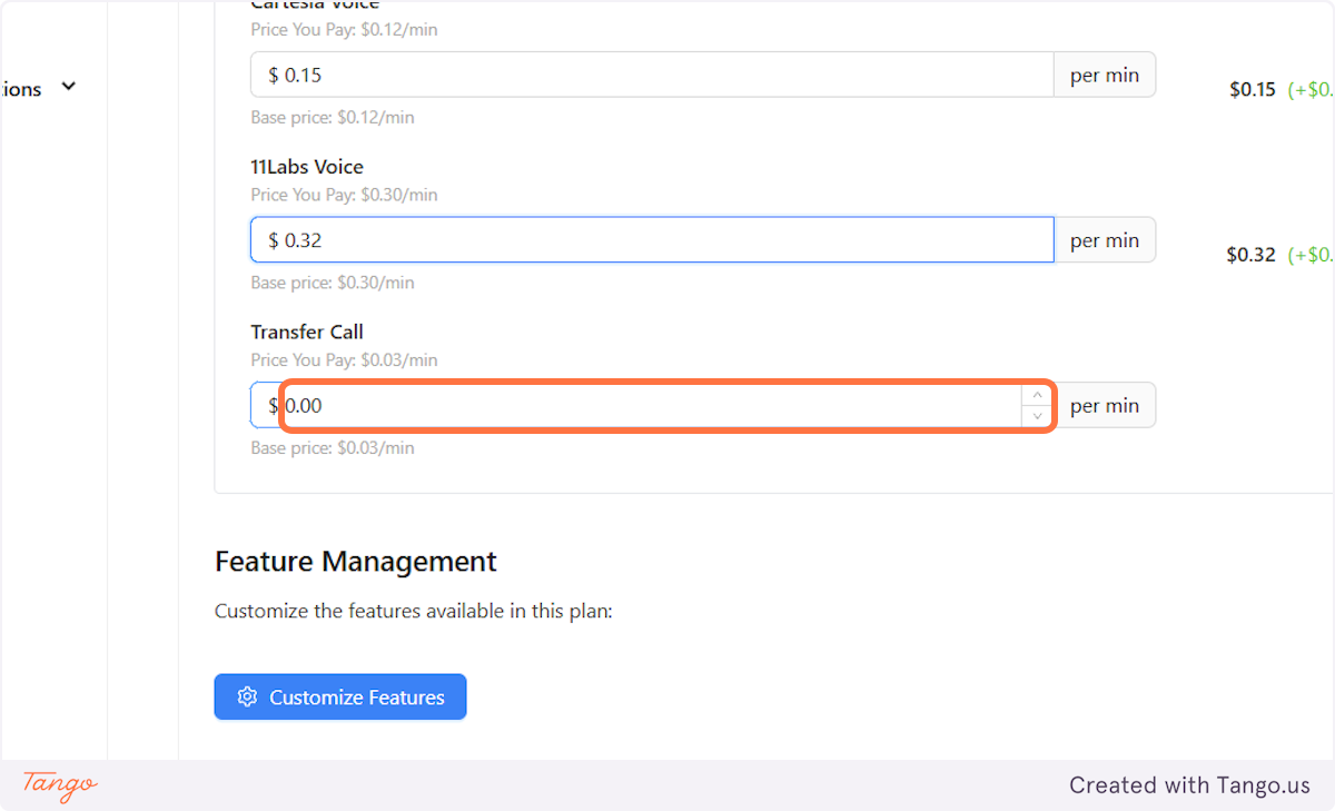 Determine the pricing for the minutes that are transferred by the AI.